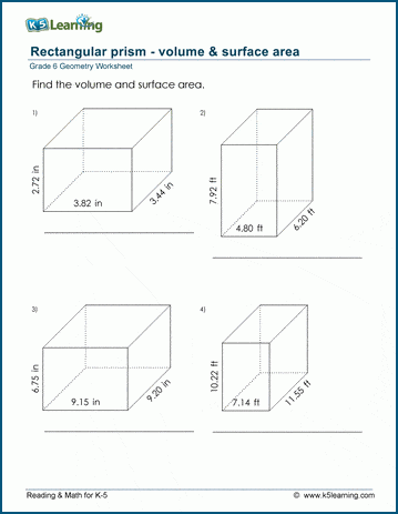 Sixth grade geometry worksheet featuring math problems on calculating the volume of rectangular prisms and cubes with fractional side lengths