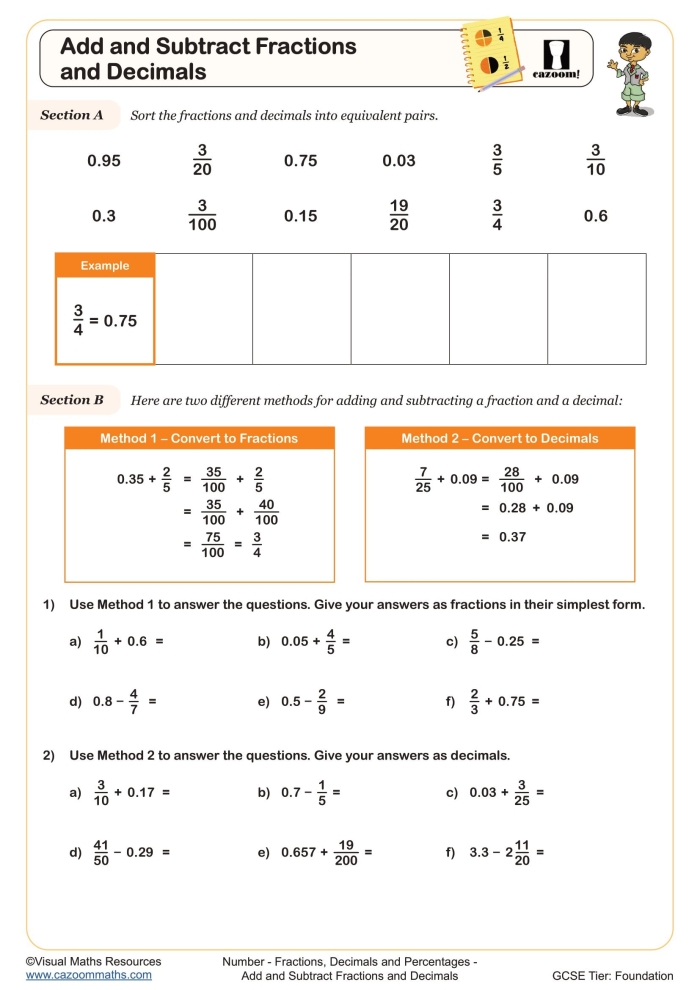 Worksheet focusing on equivalent fractions and decimals for fourth graders