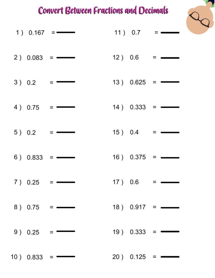 Worksheet featuring exercises on equivalent fractions and decimals for fourth graders