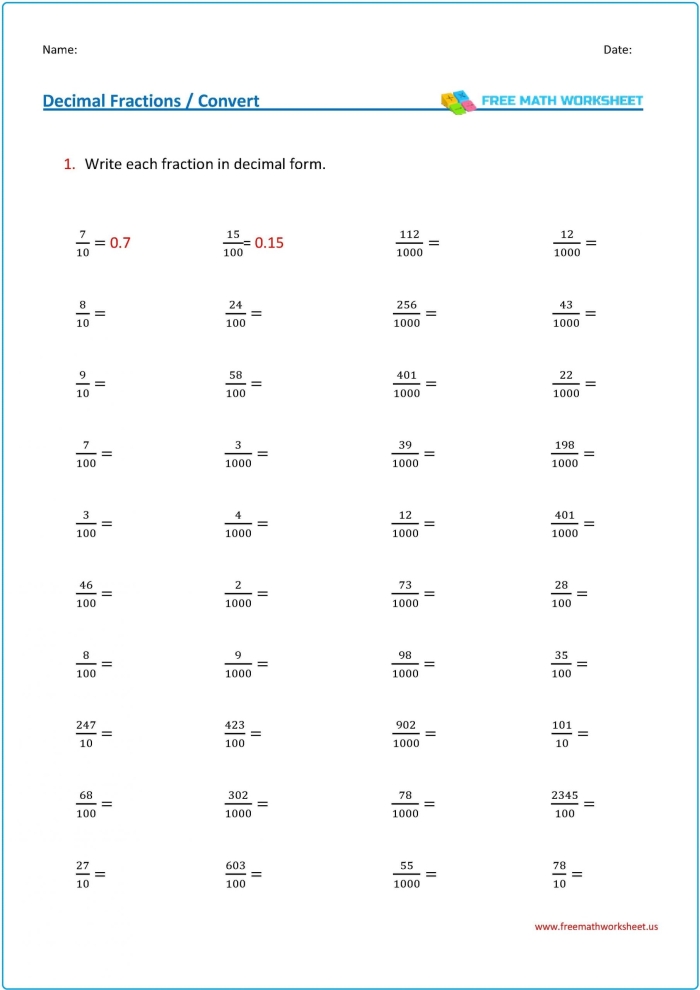 Worksheet featuring fractions and decimals practice for fourth graders