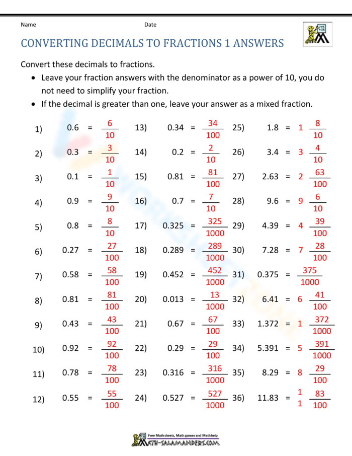 Worksheet featuring fractions and decimals practice for fourth graders
