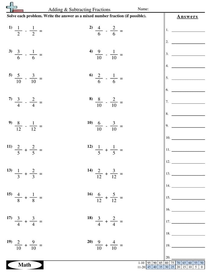 Worksheet featuring fractions and decimals practice for fourth graders