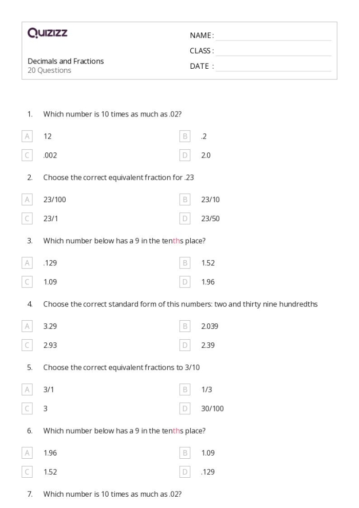 Worksheet featuring fractions and decimals practice for fourth graders