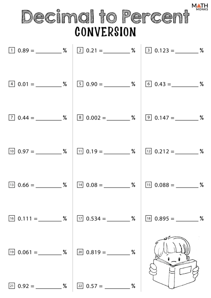Worksheet featuring fractions and decimals practice for fourth graders