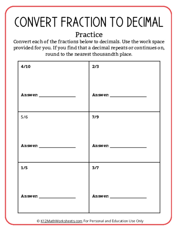 Worksheet featuring fractions and decimals practice for fourth graders