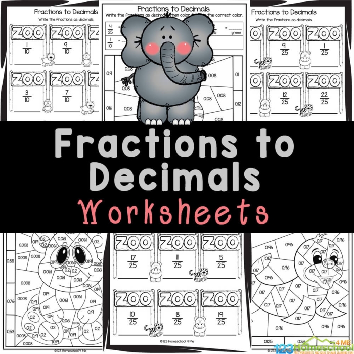 Worksheet featuring fractions and decimals practice for fourth graders