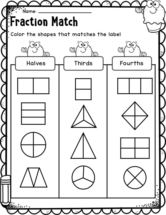 Worksheet for first graders to learn about halves and fourths using food examples