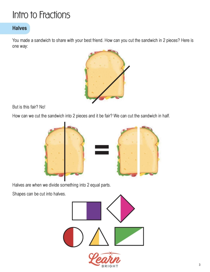 Worksheet featuring a fun food theme for practicing halves and fourths in fractions