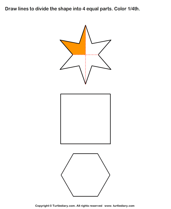 Worksheet to help first graders learn about halves and fourths with fun food examples