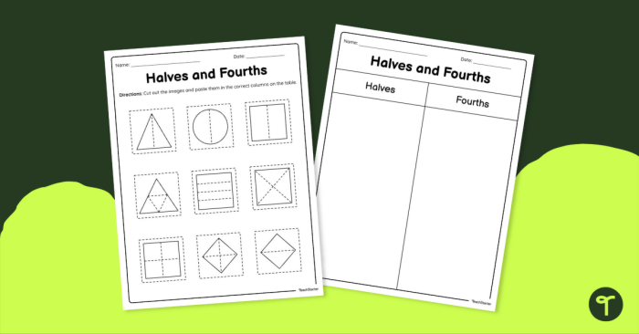 First grade worksheet featuring fun food illustrations to help students practice identifying halves and fourths
