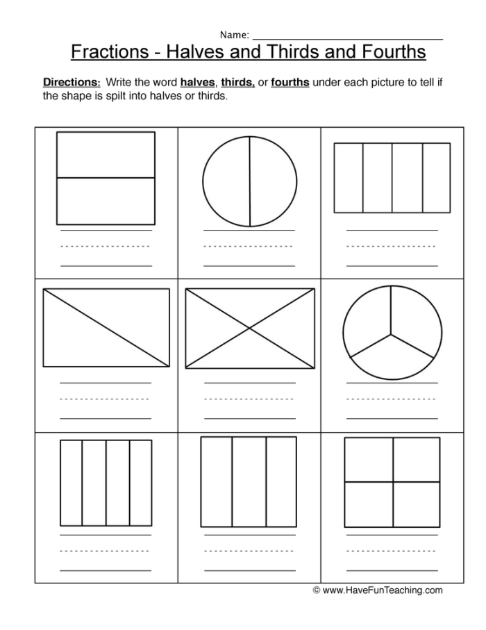 Second grade math worksheet for identifying halves, thirds, and fourths