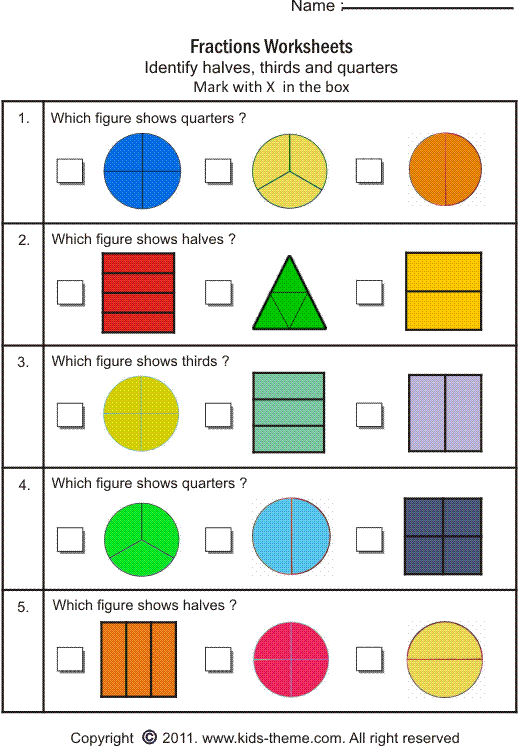Second grade math worksheet for identifying halves, thirds, and fourths in Spanish