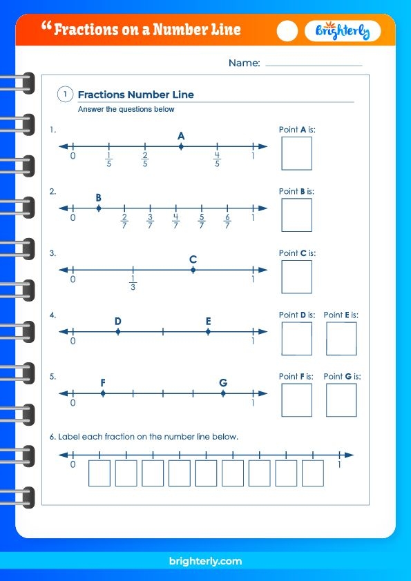 Worksheet for representing fractions on a number line for third graders