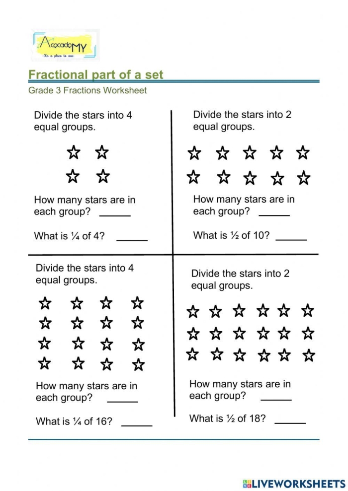 Colorful spring-themed worksheet illustrating fractions of a set for third graders