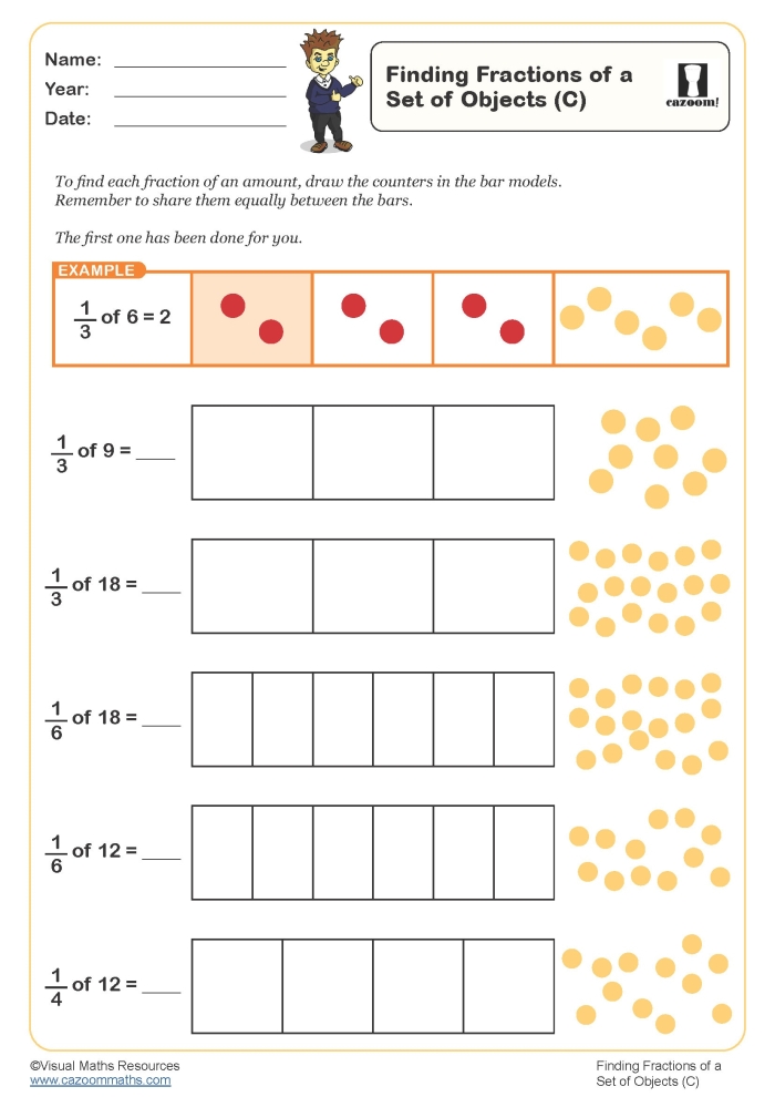 Third grade worksheet featuring spring-themed objects to practice identifying fractions of a set