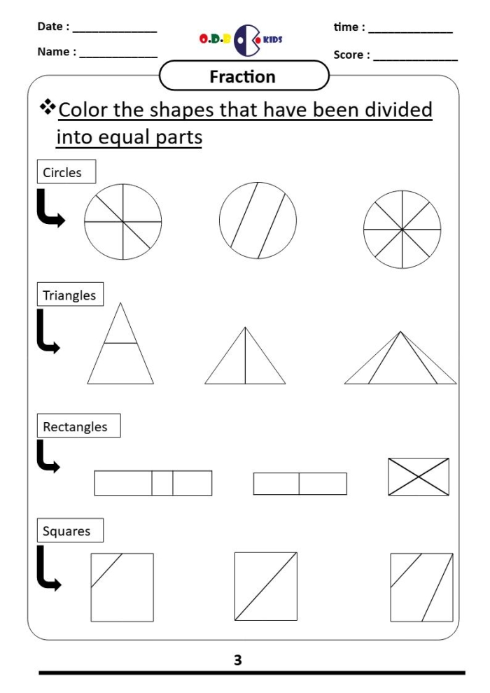 Worksheet for practicing fractions of shapes: 1/4 for young learners Visual representation of 1/4 fractions using colorful shapes for first graders