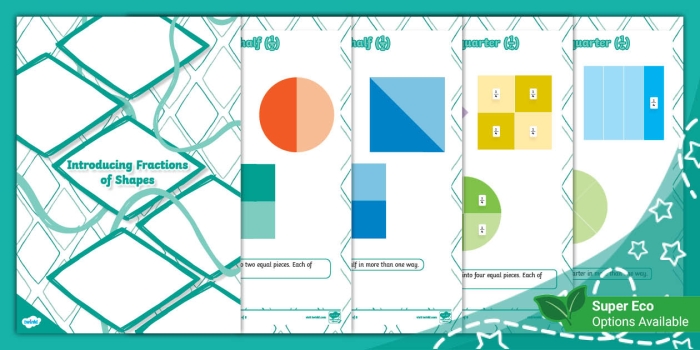 Visual guide for teaching fractions using shapes in a fun way Colorful shapes illustrating fractions of 1/4 for first graders