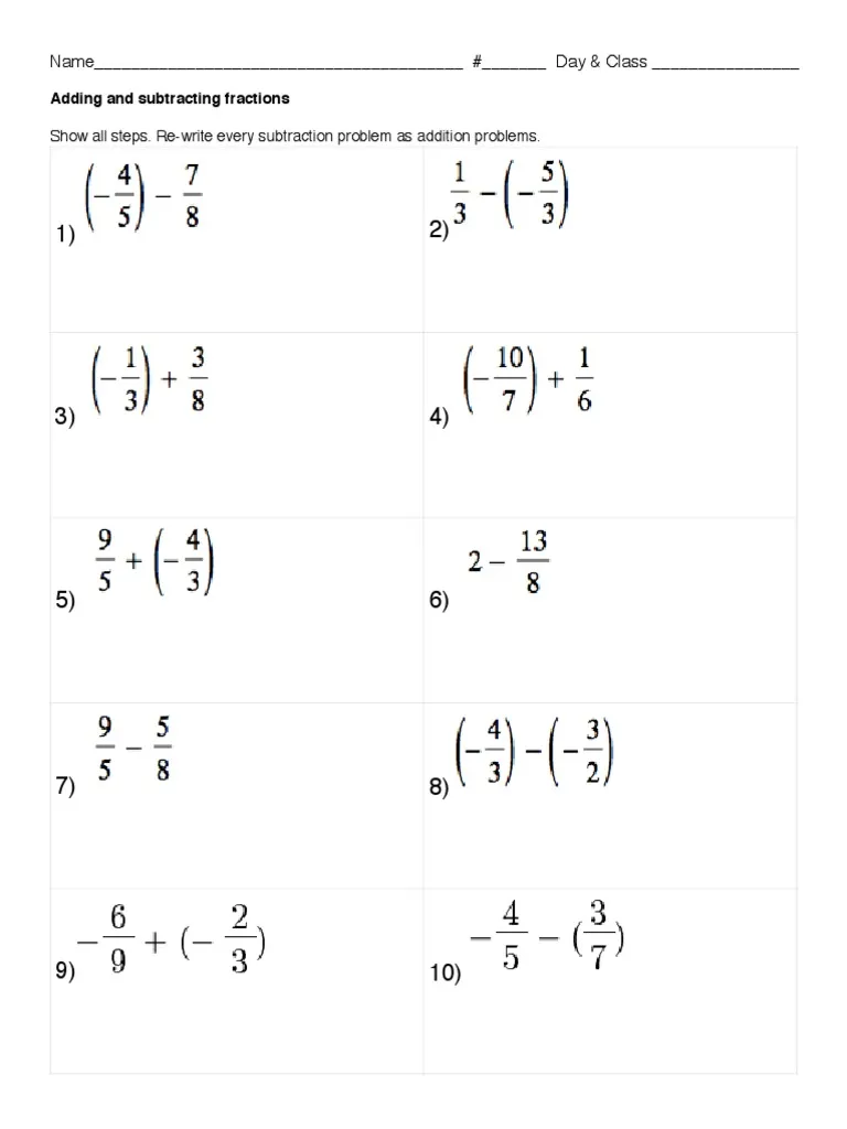 Add and Subtract Positive and Negative Fractions Practice Problems for Grade 7 Seventh grade math worksheet showing problems for adding and subtracting positive and negative fractions with step-by-step solutions