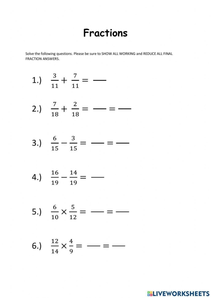 Practice problems for solving fraction expressions using PEMDAS rules Fifth grade math worksheet showing order of operations problems with fractions and step-by-step solutions