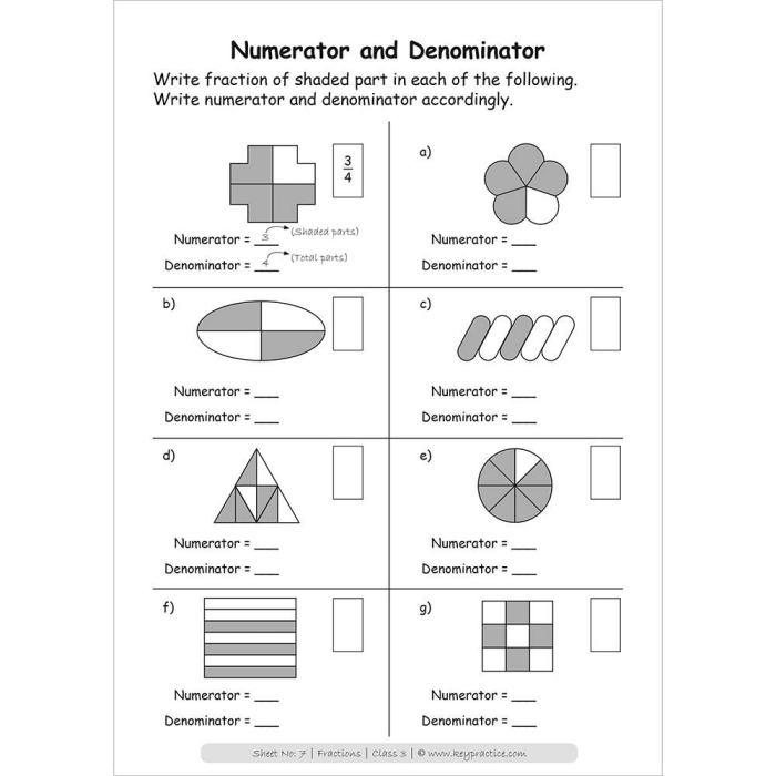 Third grade student identifying the numerator and denominator on a fraction worksheet page 20