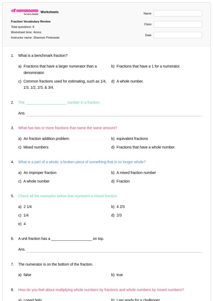Children solving fraction problems on a learning check worksheet for third grade. Fractions Learning Check worksheet for third graders focusing on essential concepts.