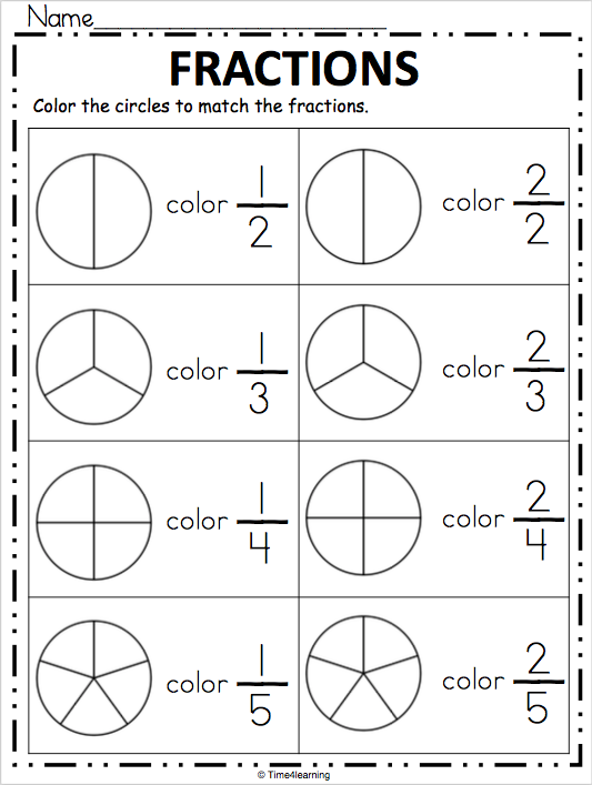 Worksheet for first graders to practice identifying halves and fourths in food-related examples