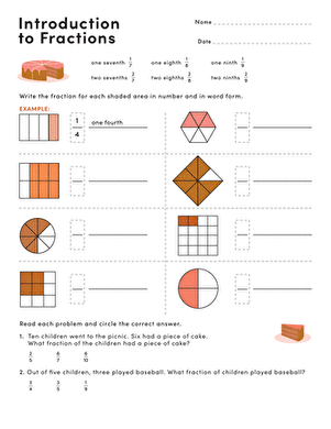 Third grade student worksheet depicting shaded shapes for practicing fraction writing