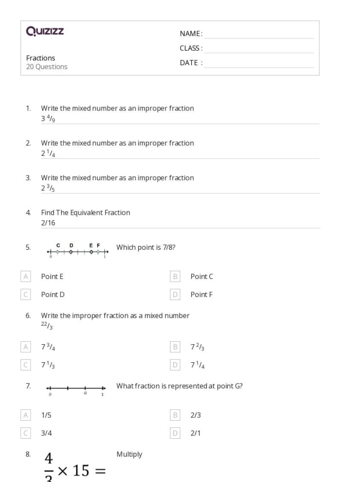 Third Grade Fractions Quiz Worksheets