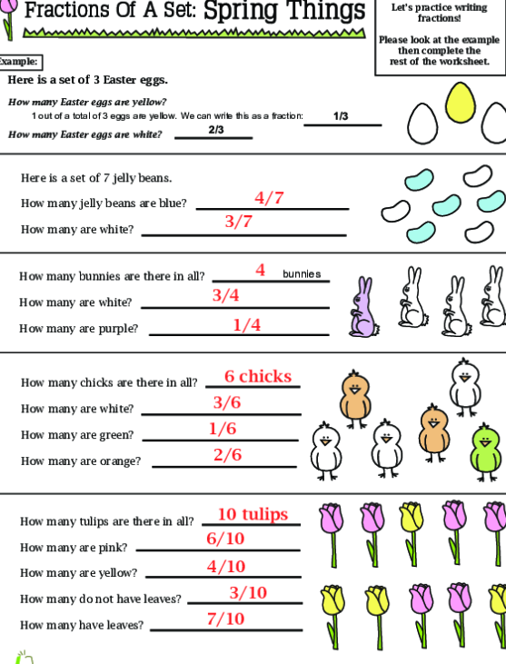 Third grade students practicing fractions of a set with colorful spring objects on worksheet 21