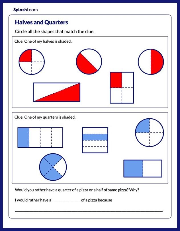 Second grade worksheet identifying halves thirds and fourths with shapes to circle