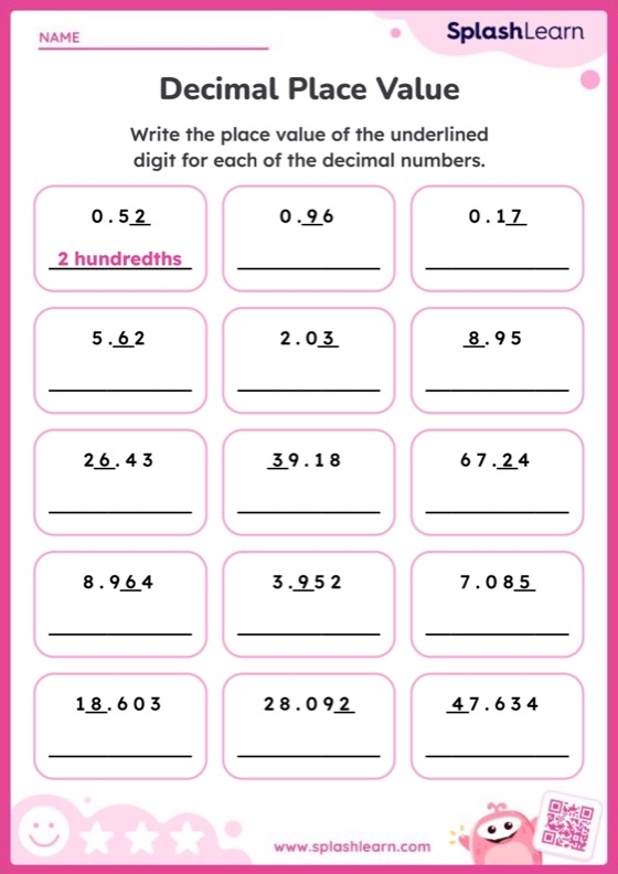 Decimals Hundredths Place Worksheet for Grade 4 Math Practice Fourth grade math worksheet featuring practice problems for converting fractions to decimals in the hundredths place.