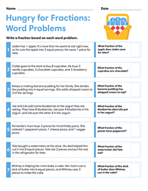 Third grade students solving Hungry for Fractions word problems on a printable worksheet