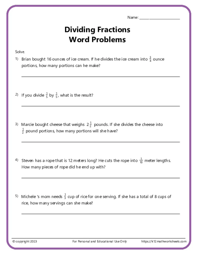 Third grade student completing a Hungry for Fractions word problems worksheet