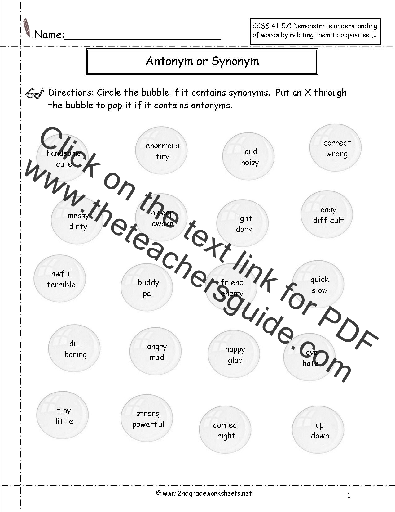 Frayer model worksheet for third graders focusing on synonyms and antonyms