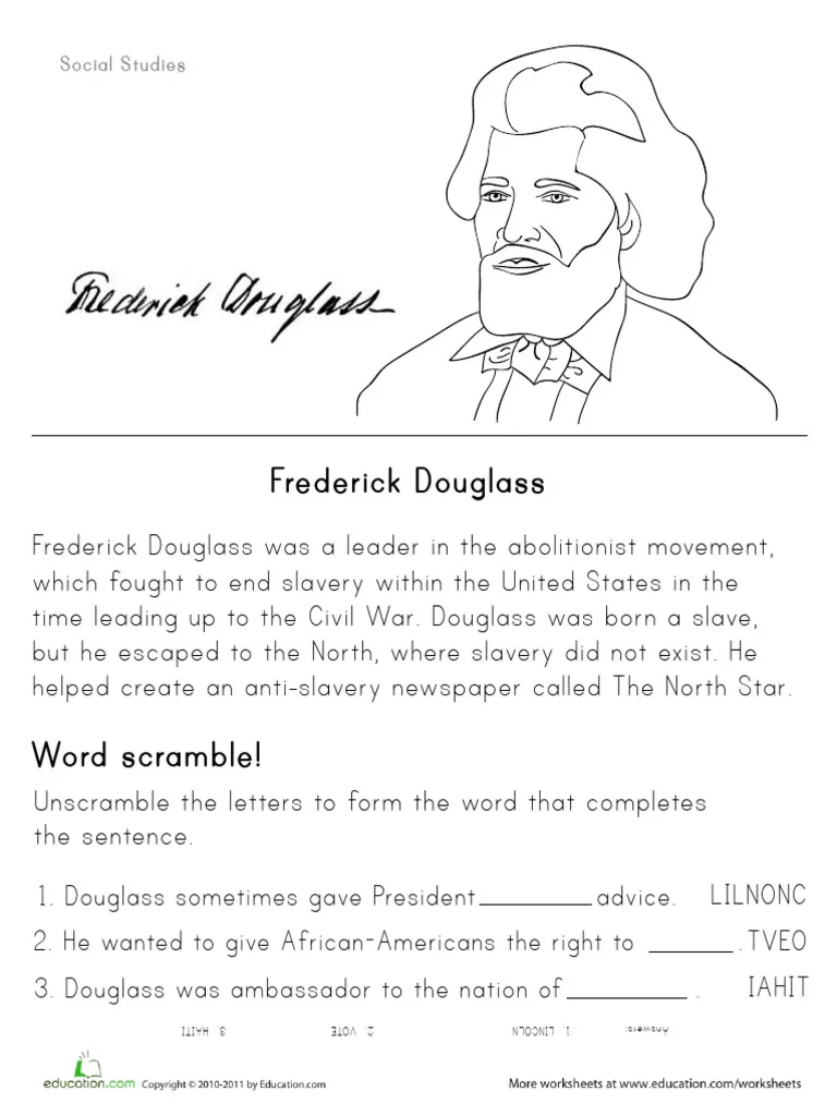 Image 14: Learning About Frederick Douglass and His Impact on American History Frederick Douglass portrait showing the influential abolitionist leader and historical figure studied in this second grade worksheet about inspiring heroes