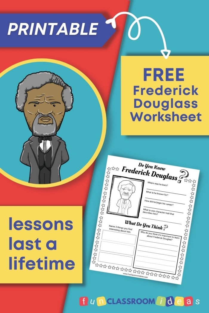 Image title: Frederick Douglass Historical Hero Learning Activity for Elementary Students ALT text: Second grade worksheet featuring Frederick Douglass as a historical hero with educational content about his journey from slavery to abolitionist leadership