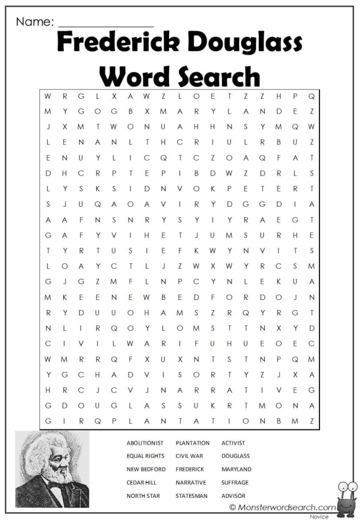 Learning about Frederick Douglass: From Slavery to Freedom - Educational Worksheet for Young Students Second grade worksheet illustration showing Frederick Douglass as a historical hero who overcame slavery to become an abolitionist leader