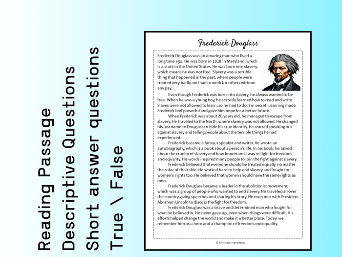 Eighth grade students analyzing a primary source excerpt from the memoir of Frederick Douglass on an informational reading comprehension worksheet