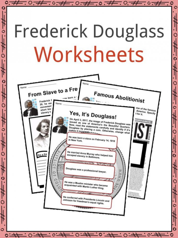 Historical Heroes Frederick Douglass Algebra Worksheet 1 Second grade math worksheet featuring a portrait of Frederick Douglass and algebra problems