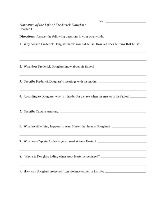Eighth grade reading comprehension worksheet featuring a primary source excerpt from the Narrative of the Life of Frederick Douglass