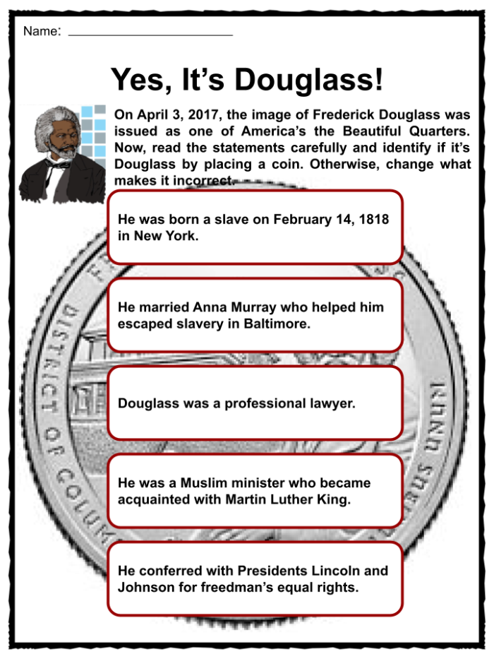 Image title: Frederick Douglass Historical Hero Learning Activity for Elementary Students ALT text: Second grade worksheet featuring Frederick Douglass biography with illustrations and reading comprehension questions about his journey from slavery to abolitionist leadership