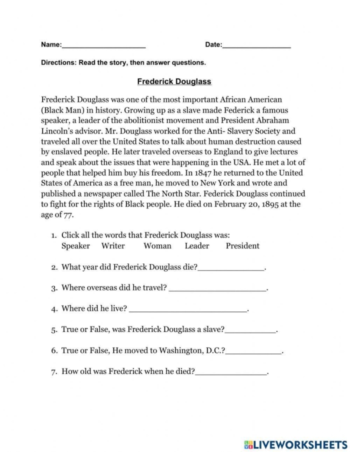 Second grade student reading a comprehension worksheet about the life of Frederick Douglass