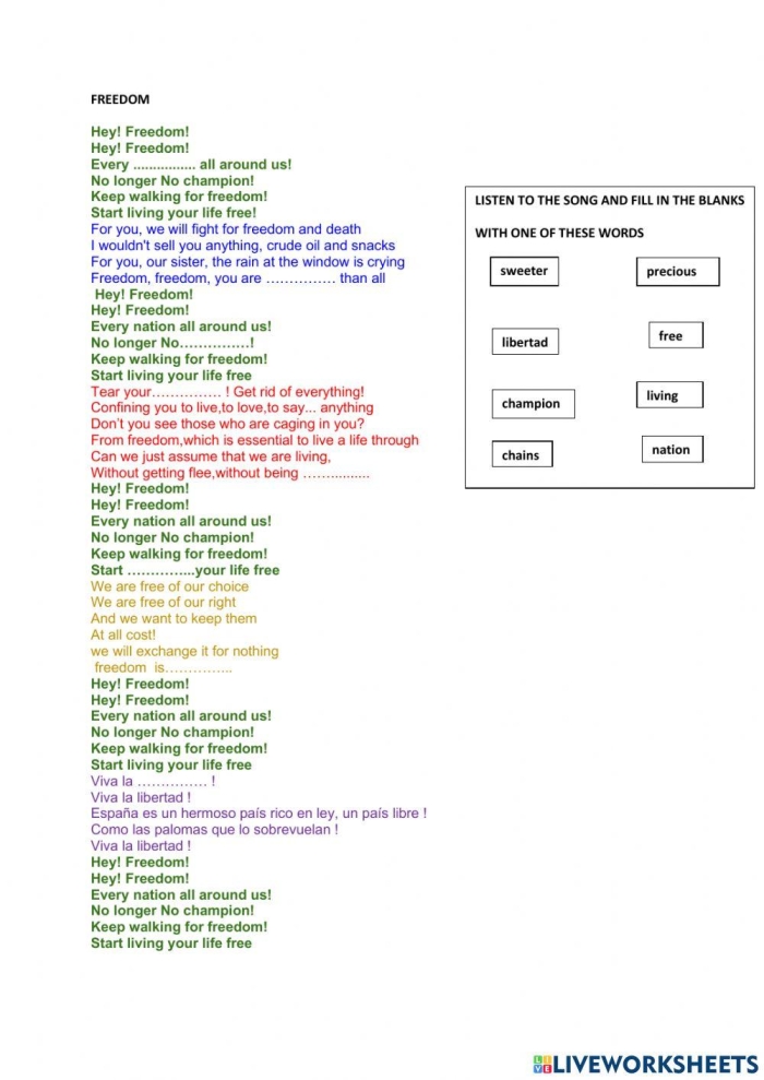 Fifth grade social studies worksheet exploring the definition of freedom in history
