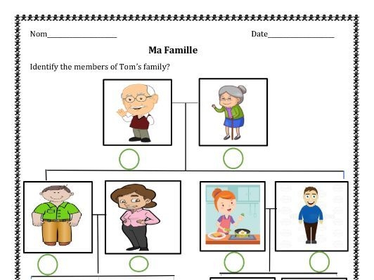 French family vocabulary worksheet with mixed operations for first grade 11 First grade students learning family vocabulary in French with mixed operations math worksheet 11