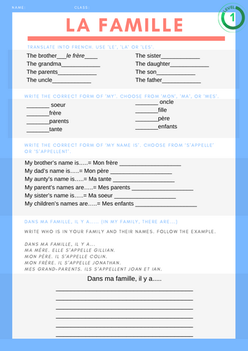 French family vocabulary worksheet for first graders image eighteen First grade worksheet featuring a family tree illustration to learn French vocabulary for mixed operations practice