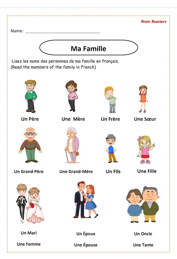 Engaging introduction to French family terms for young learners Family vocabulary worksheet for first graders learning French