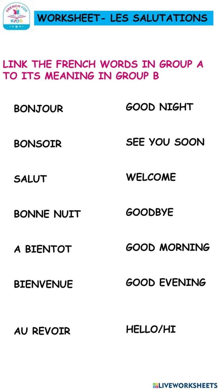 Two children learning French greetings with speech bubbles showing hello phrases