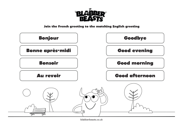 Two fourth grade students learning French greetings with a speech bubble showing Salut