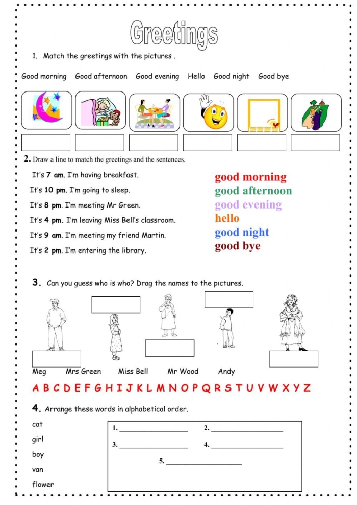 Fourth grade French language worksheet featuring Chris and Yannick teaching greetings with an image number 12 label