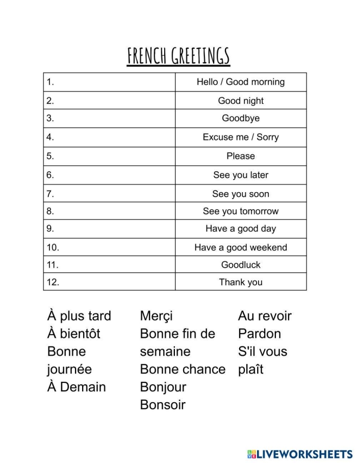 Two cartoon characters greeting each other with French hello phrases displayed around them